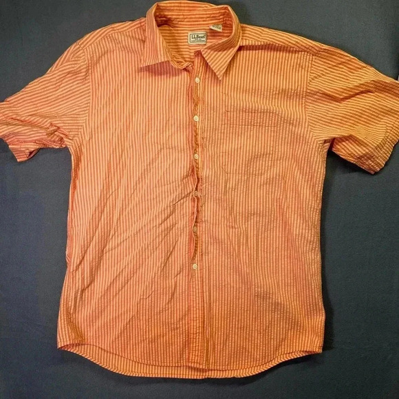 LL Bean Short Sleeve Button up Shirt Mens L 100% Cotton Orange Soft casual 1238 - Picture 1 of 7